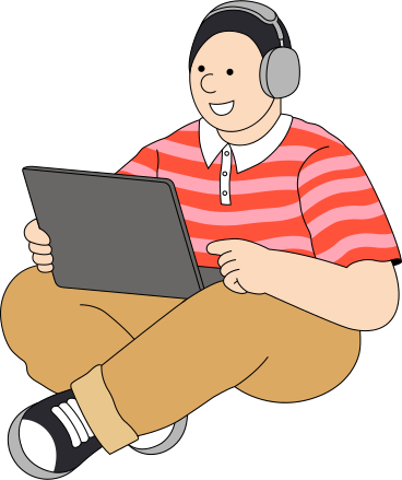 Молодой человек сидит с ноутбуком в PNG, SVG