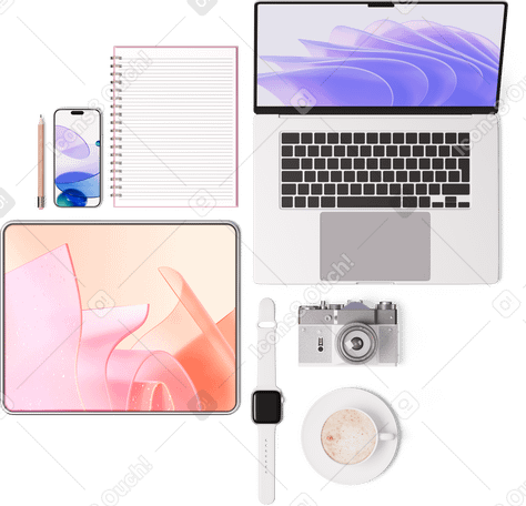 3D top view of laptop, tablet, notebook, smartphone, camera, smartwatch, cup of coffee and pencil PNG, SVG