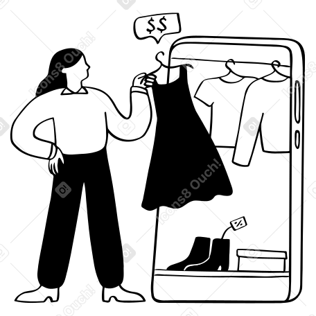 Femme choisissant et achetant des vêtements en ligne PNG, SVG