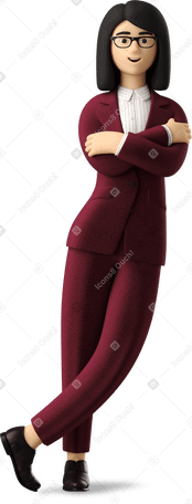 3D businesswoman in red suit leaning on wall Illustration in PNG, SVG