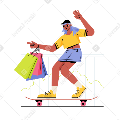 Girl riding a skateboard with shopping bags in her hand PNG, SVG