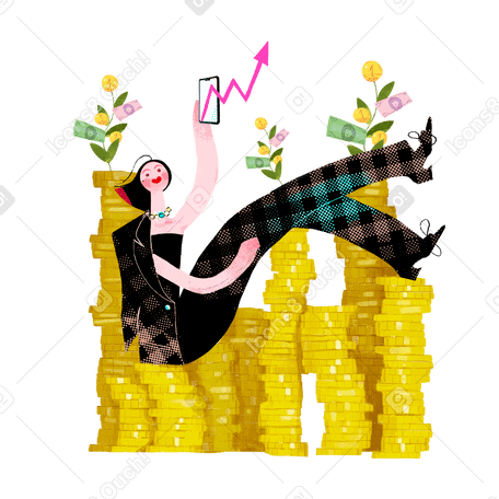 Frau, die auf einem haufen geld sitzt und in ein telefon investiert PNG, SVG