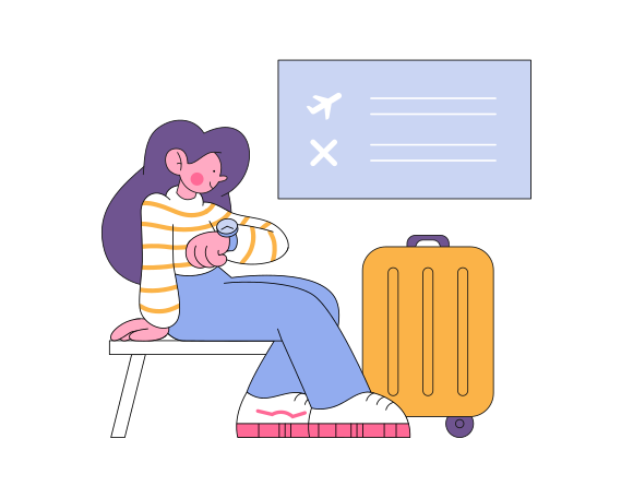 Иллюстрация Женщина с чемоданом сидит возле табло аэропорта и смотрит на часы в PNG и SVG