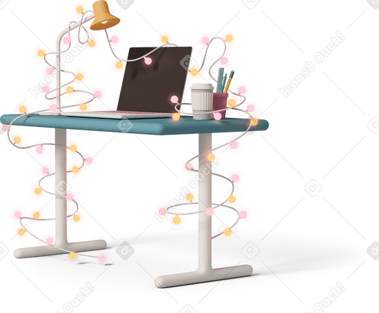 3D workplace with laptop decorated with garland PNG, SVG