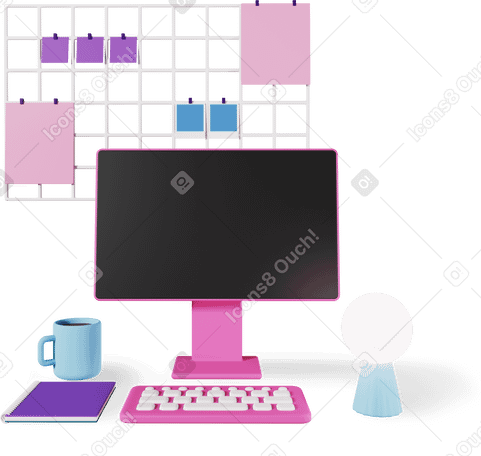 3D workplace with computer composition PNG, SVG