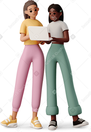 3D girls looking at laptop Illustration in PNG, SVG
