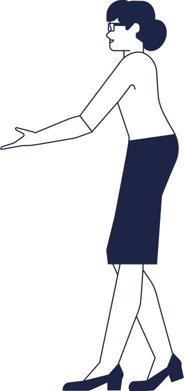 Frau mit brille und haarknoten steht mit ausgestrecktem arm PNG, SVG