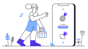 Girl with the basket gets the food from her cell phone PNG, SVG