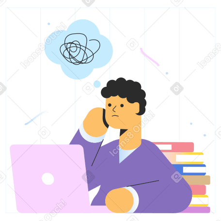 Confused man sitting at laptop Illustration in PNG, SVG