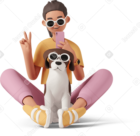 3D Femme prenant une photo amusante avec un chien PNG, SVG