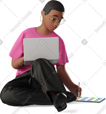 Young woman working with laptop and tablet PNG, SVG