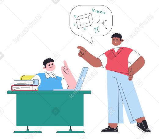 Boy studying and teacher explaining lesson in classroom PNG, SVG