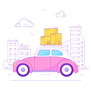 Pink car with boxes goes through the city PNG, SVG