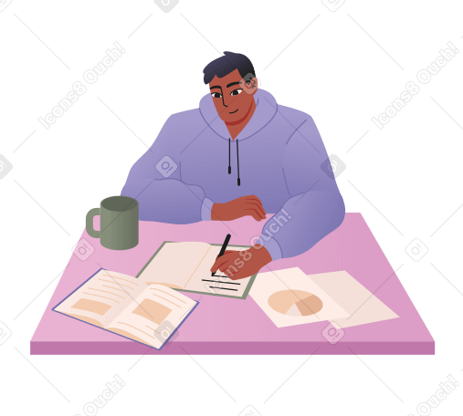 Young man taking notes from a textbook PNG, SVG