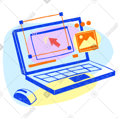 Blue computer with different elements for website design PNG, SVG