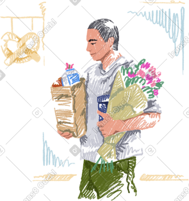 Young man buying groceries and flowers PNG, SVG