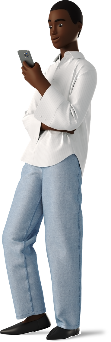 black young woman standing with phone and smirking PNG, SVG