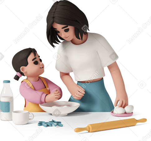 3D mom and daughter at kitchen PNG, SVG
