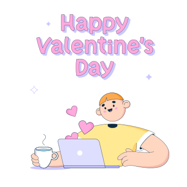 Happy Valentine's Day lettering over a guy looking at a laptop with hearts on it PNG, SVG