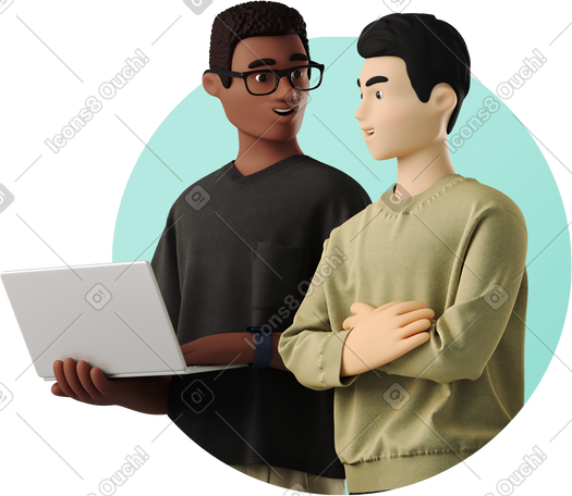 3D two young men talking about work PNG, SVG