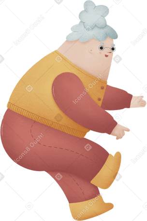 granny in red pants and a yellow vest sits Illustration in PNG, SVG
