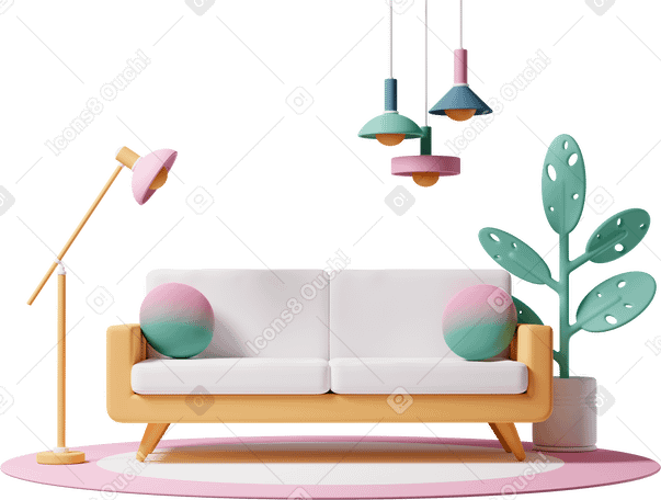 3D Living room interior set with couch Illustration in PNG, SVG