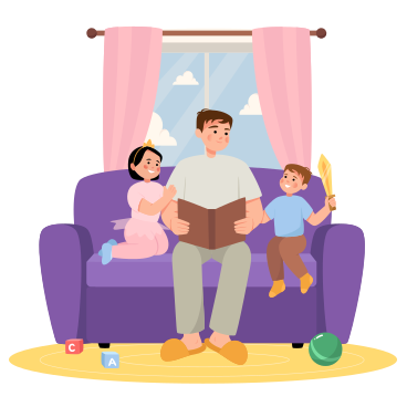 Папа читает книгу сыну и дочери в гостиной в PNG, SVG