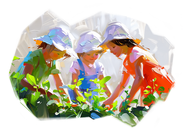 정원 가꾸기를 즐기는 아이들의 유화 PNG, SVG