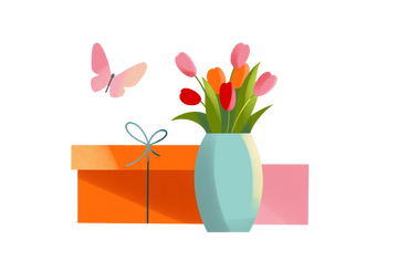 Festive boxes and a bouquet of flowers in a vase PNG, SVG