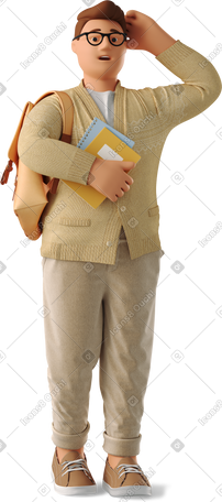 3D student with a backpack scratching his head PNG, SVG