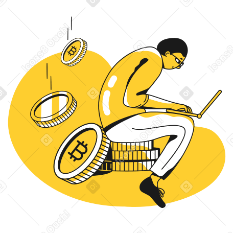 Man sitting on a stack of bitcoins and typing on a laptop PNG, SVG