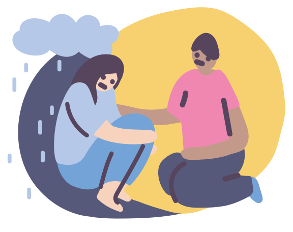 Nube de lluvia sobre una mujer triste sentada contra el hombre que presta una mano amiga PNG, SVG