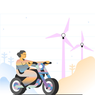 Woman riding a motorcycle with windmills in the background PNG, SVG