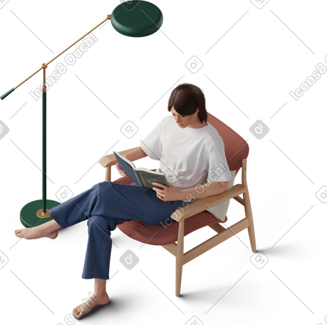 3D isometric view of young woman sitting on sofa and reading book PNG, SVG