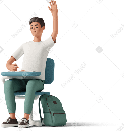 3D male student sitting at green desk and raising his hand PNG, SVG