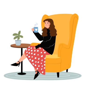 Girl with a cup in her hands sits in an armchair  PNG, SVG