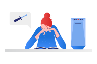 Woman studying instructions for assembling a computer PNG, SVG