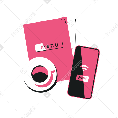 Вид сверху на чашку кофе, папку с меню кафе и смартфон с функцией онлайн-оплаты в PNG, SVG