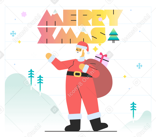 Frohe weihnachten-text und lächelnder weihnachtsmann mit einer tüte geschenke auf einem winterhintergrund PNG, SVG