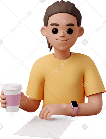 3D young woman wearing smart watch and holding coffee cup Illustration in PNG, SVG