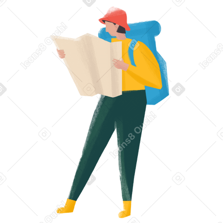 girl with a large backpack looks at a map Illustration in PNG, SVG