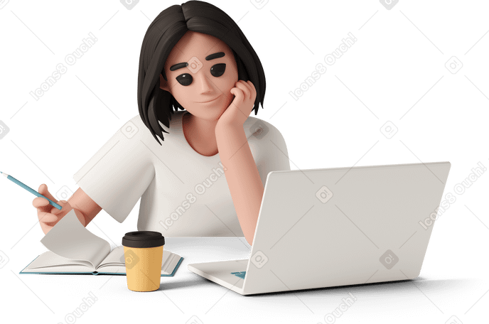 3D young woman at work with laptop writing PNG, SVG