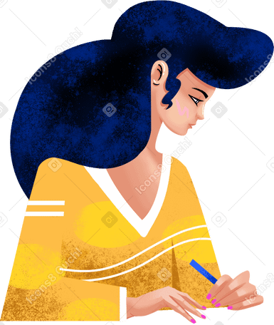 woman in a yellow jacket with a blue pencil Illustration in PNG, SVG