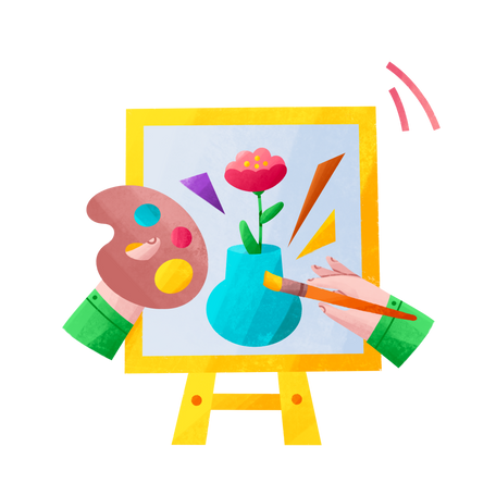 Artist paints a vase with a flower on canvas Illustration in PNG, SVG