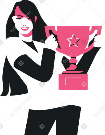 Jeune fille souriante avec une coupe des gagnants dans ses mains PNG, SVG