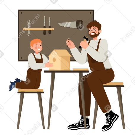 Dad and son make a birdhouse PNG, SVG