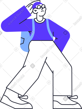 man in blue sweater with backpack and hand on his head standing PNG, SVG