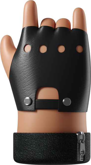 Rocker's tanned skin hand in leather glove showing a rock sign PNG, SVG