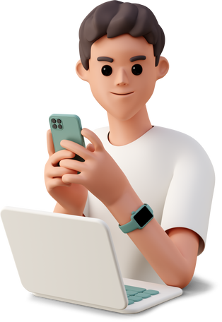 3D young man with phone using laptop PNG, SVG