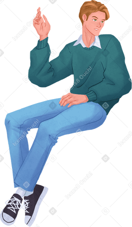 Homme en sweat vert assis avec son bras levé PNG, SVG